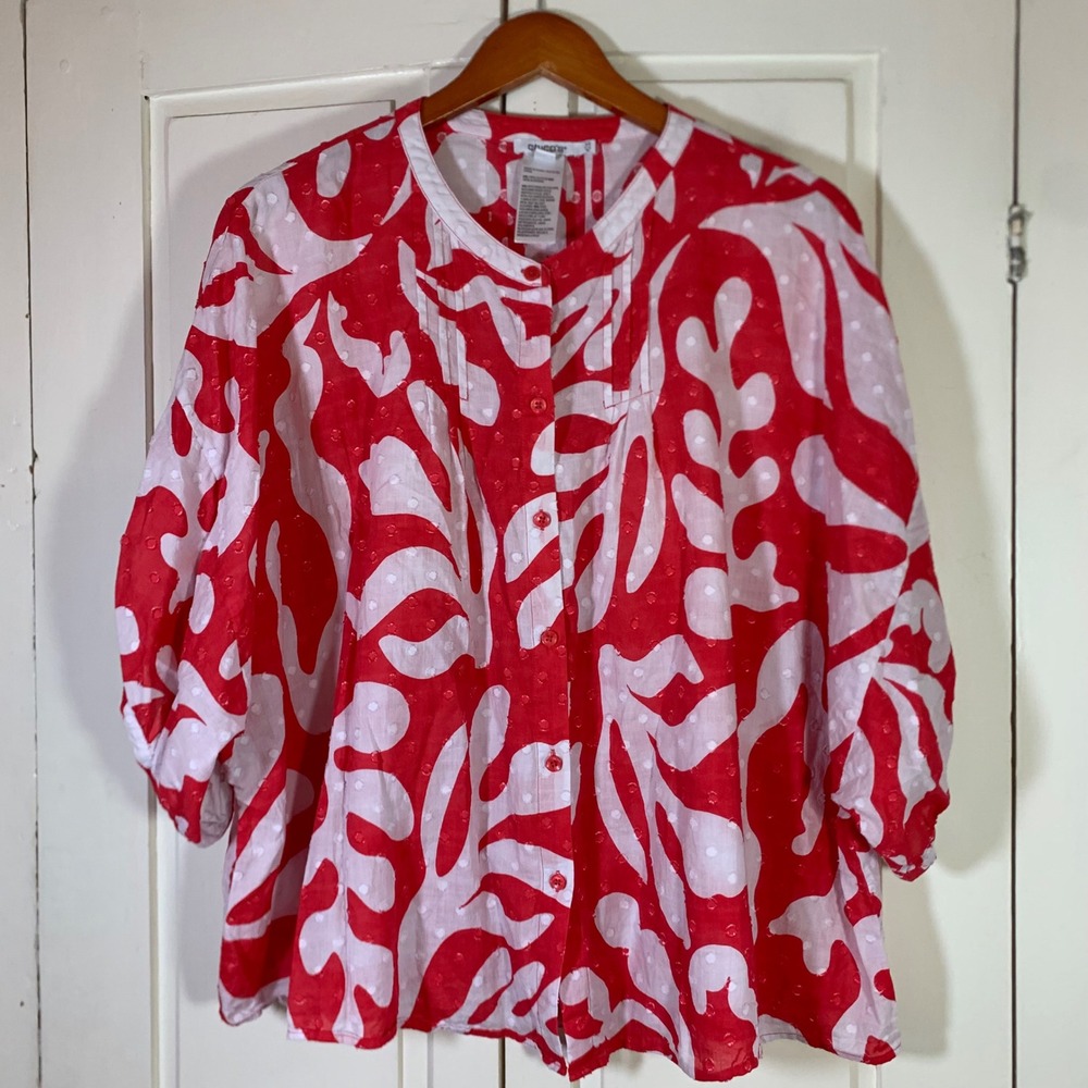 Chicos Red White Abstract Leaf Clip Dot Cotton Button Down Blouse Size 3 XL 18